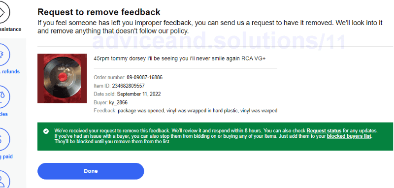 Image Of Negative Ebay Feedback Removal Form After Submitting