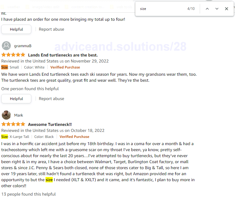 Search Reviews For Words Like Size, Fit, Too Large, Too Small